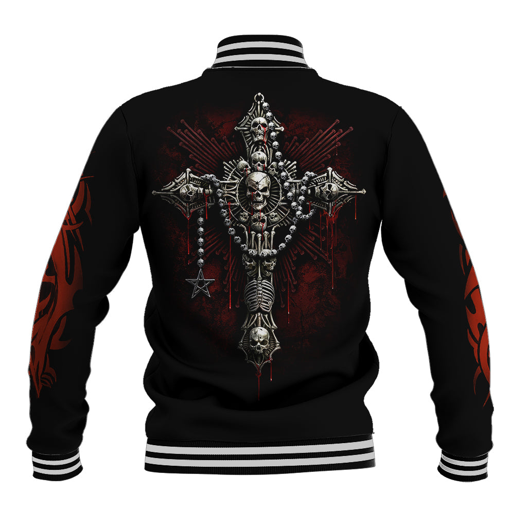 Black baseball jacket with back skull skeleton and cross sword graphic, striped rib trim