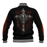 Black baseball jacket with back skull skeleton and cross sword graphic, striped rib trim