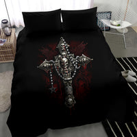 Black skull cross bedding set with graphic skeleton cross design on duvet and pillows
