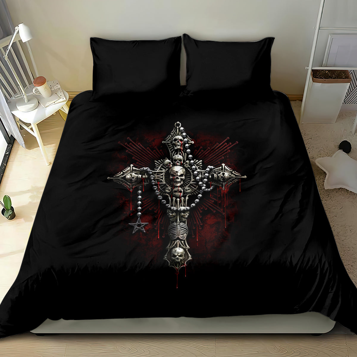 Black bedding set with centered skull cross skeleton graphic on duvet and matching pillows