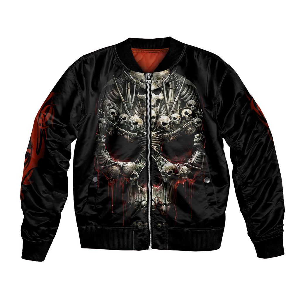 Black bomber jacket with front skull and cross-skeleton print, ribbed collar and cuffs.