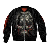 Black bomber jacket with front skull and cross-skeleton print, ribbed collar and cuffs.