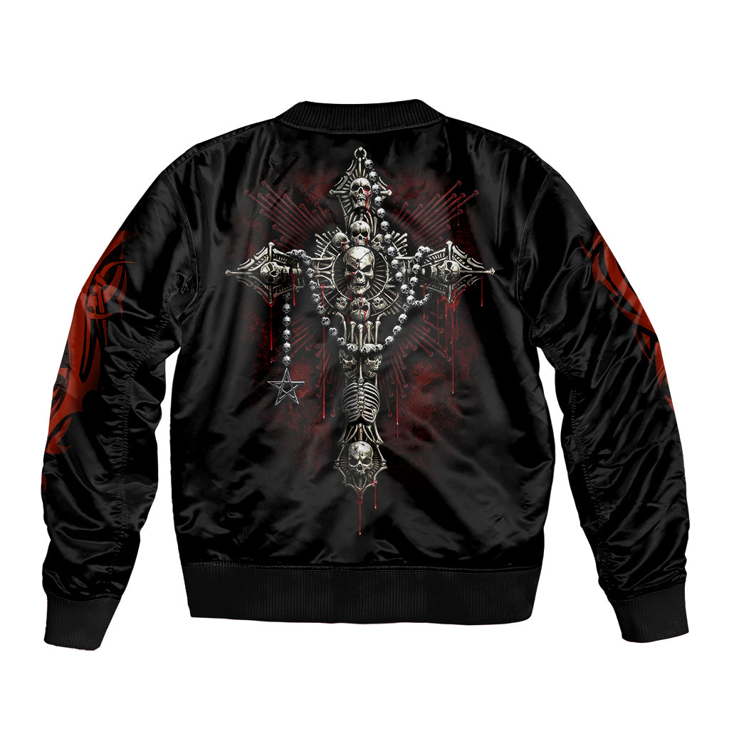Black bomber jacket with back skeleton cross graphic, ribbed hem and cuffs.