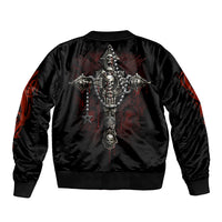 Black bomber jacket with back skeleton cross graphic, ribbed hem and cuffs.