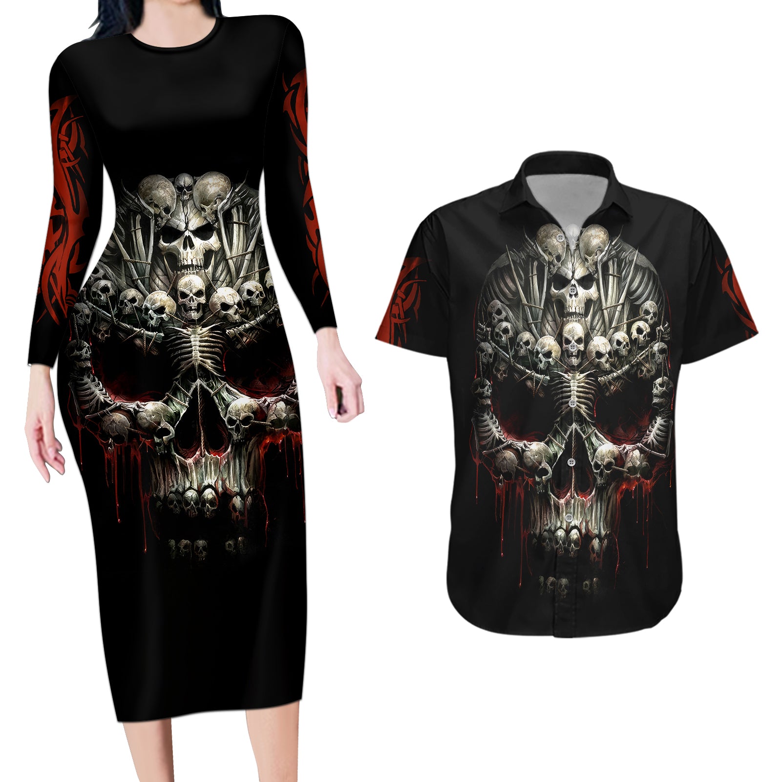 Skull Couples Matching Long Sleeve Bodycon Dress and Hawaiian Shirt Head Skeleton Cross Skull - Wonder Print Shop