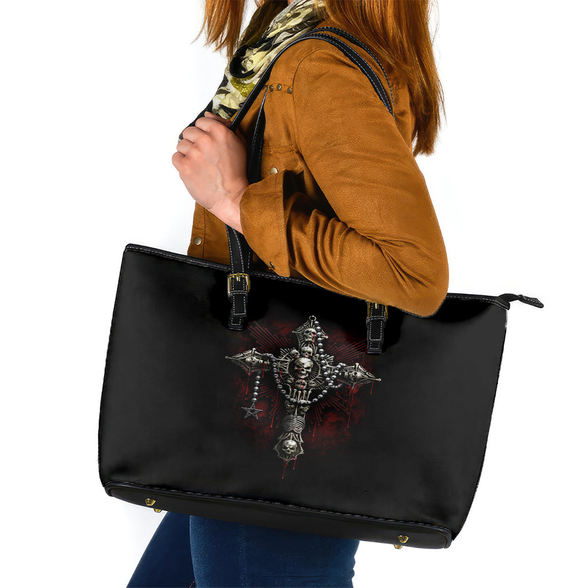 Black leather-look tote bag with cross-skull graphic, top handles and shoulder strap