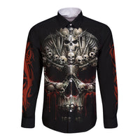 Black long-sleeve button shirt with front skull ribcage print and skulls