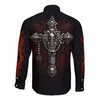 Black long-sleeve button shirt with back cross skull skeleton graphic