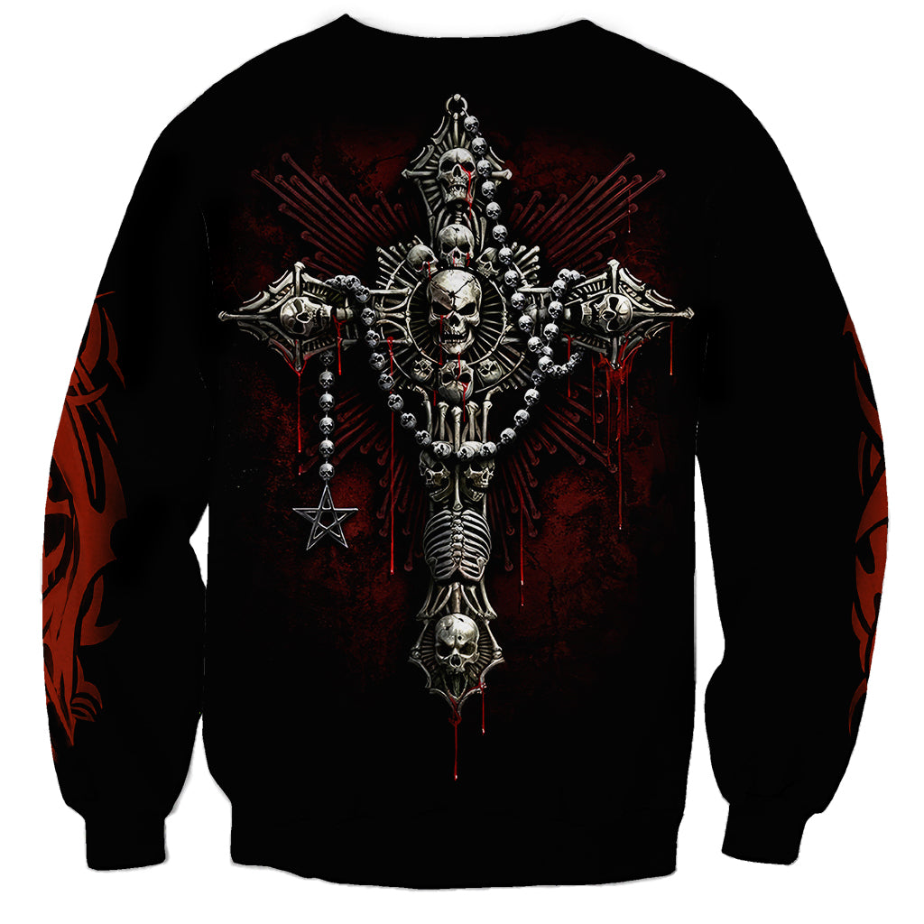 Black unisex crewneck sweatshirt with skull, bones, and cross graphic back