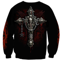 Black unisex crewneck sweatshirt with skull, bones, and cross graphic back