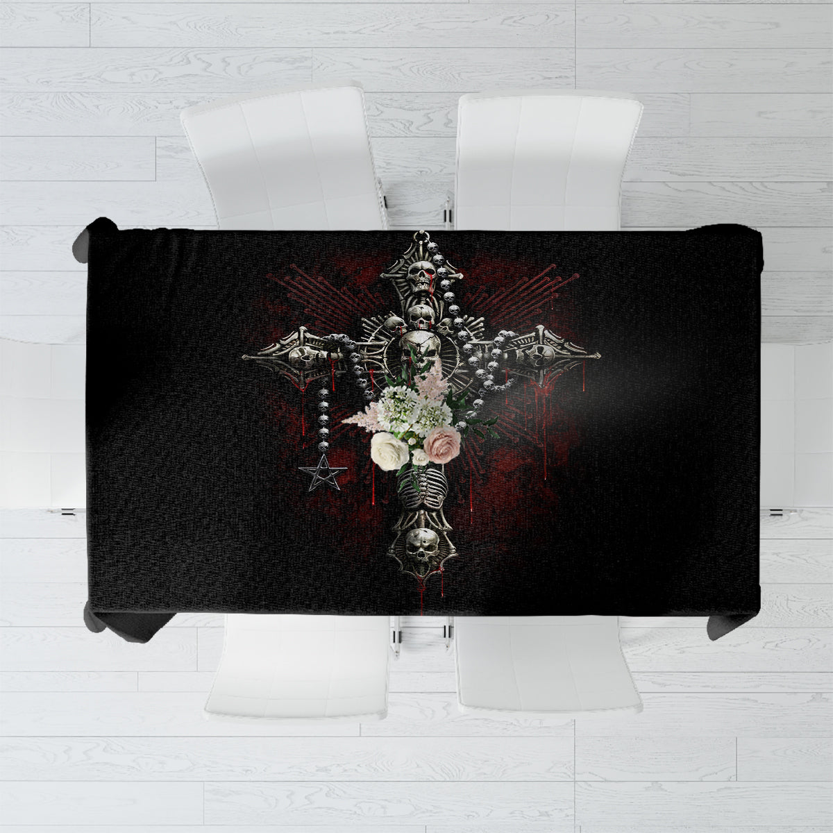 Black skull-themed tablecloth with skeleton and cross skull graphic, folded edge view