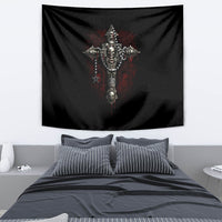 Black tapestry featuring a detailed skull-and-cross skeleton design