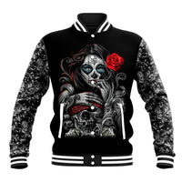 Unisex black skull baseball jacket, front skull with rose, striped collar and cuffs