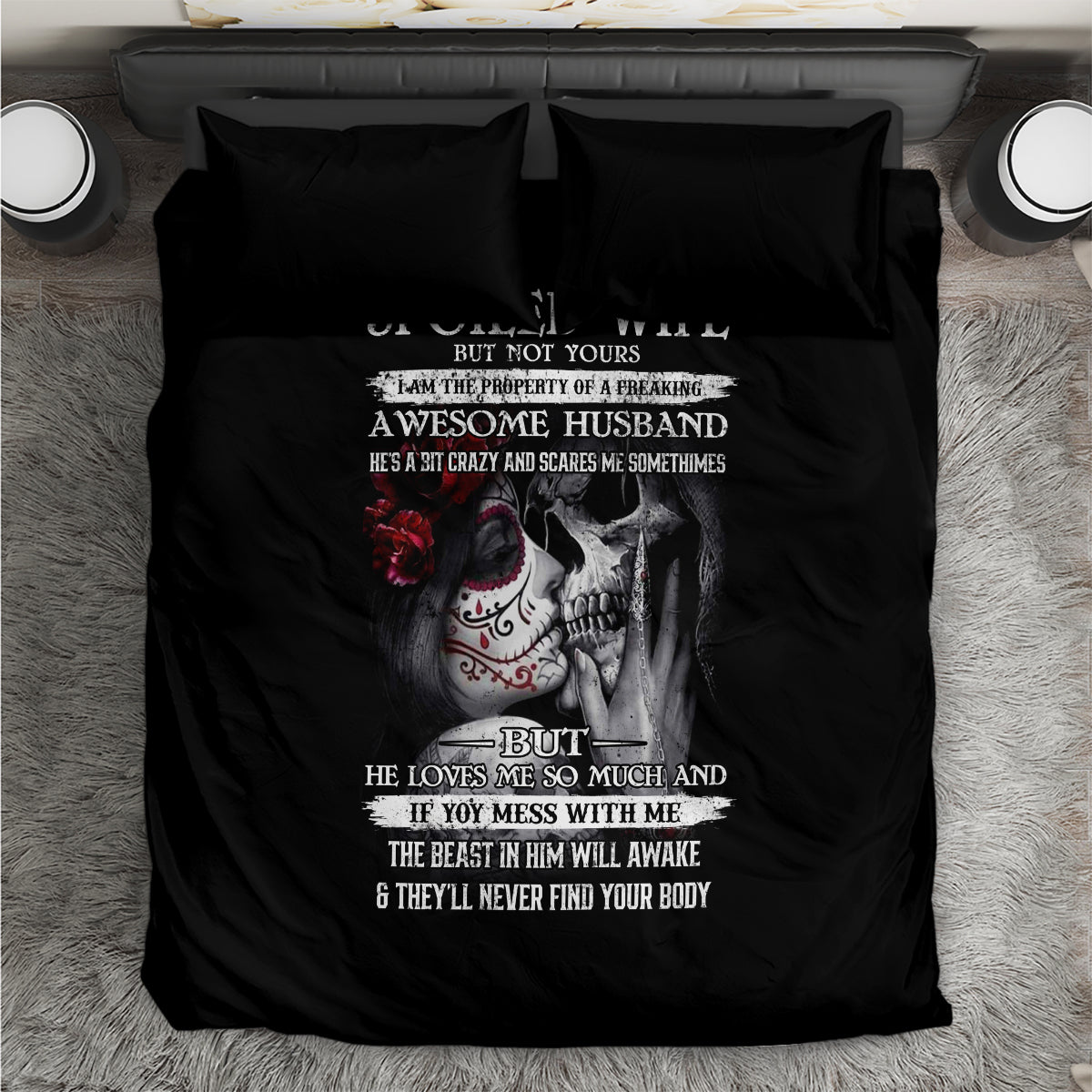 Black skull bedding set with 'Spoiled Wife' text and skull couple graphic