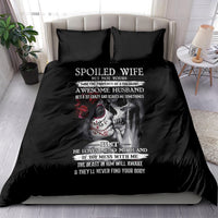 Black bedding set with 'Spoiled Wife' typography and skull couple artwork on duvet