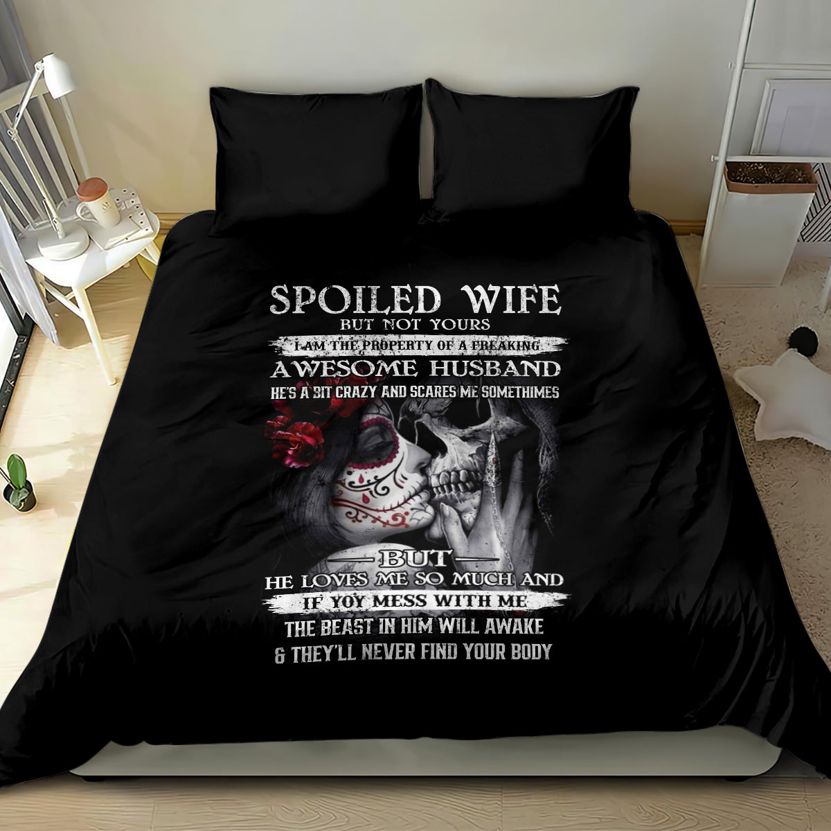 Black skull-themed bedding set with 'Spoiled Wife' text and skull couple duvet artwork
