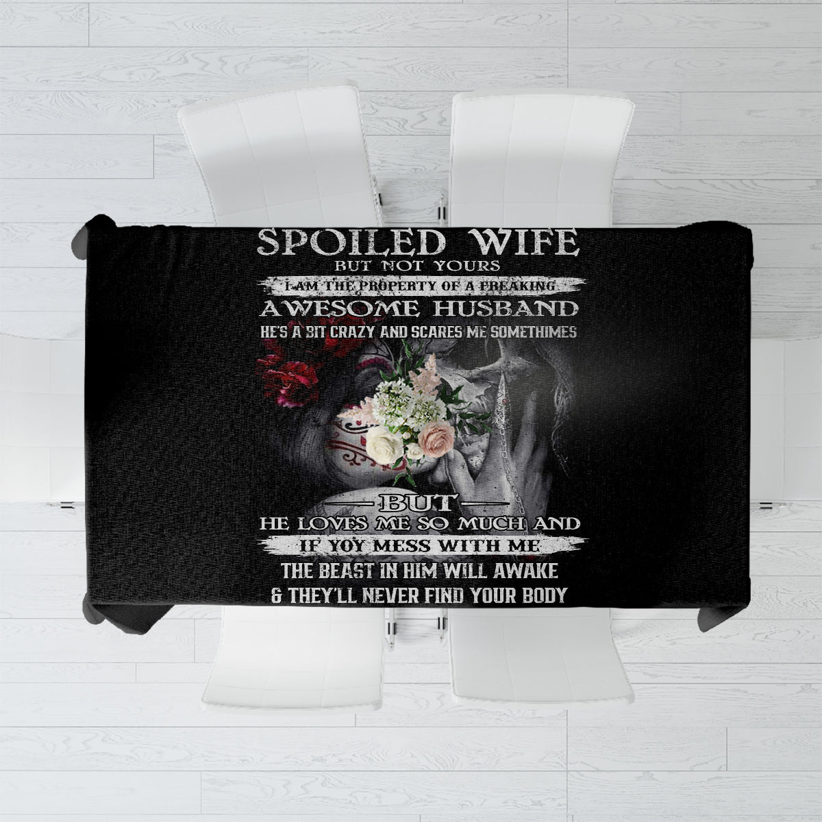 Black skull-themed tablecloth with character illustration and bold text, full design visible