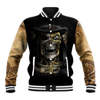 Unisex black baseball jacket with golden skull front graphic, snap buttons, striped collar