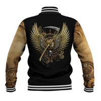 Unisex black baseball jacket with winged golden skull back emblem, striped ribbed cuffs