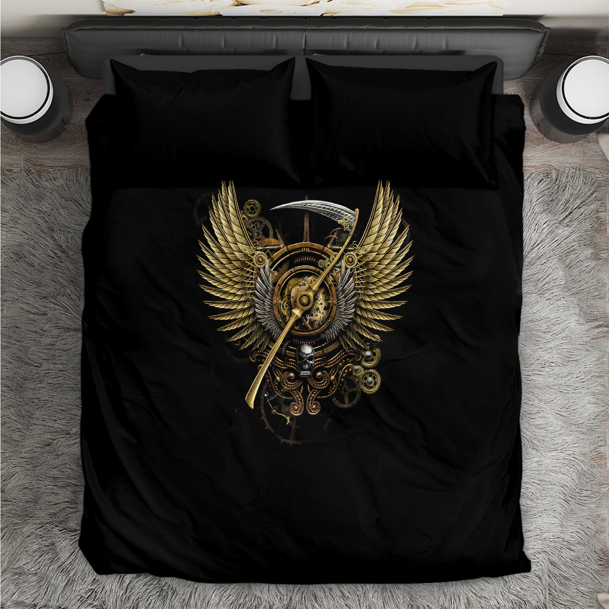 Black duvet cover with gold steampunk winged skull emblem and two pillow shams on rug