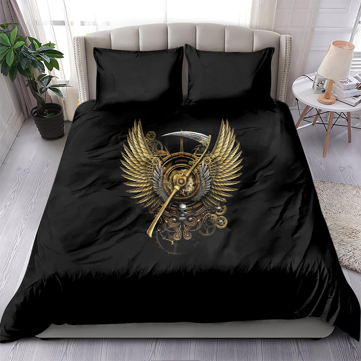 Black bedding set with gold steampunk winged skull emblem, includes 2 pillow shams