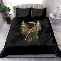 Black bedding set with gold steampunk winged skull emblem, includes 2 pillow shams