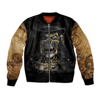 Unisex black bomber jacket with gold skull steampunk print, front zipper and ribbed cuffs