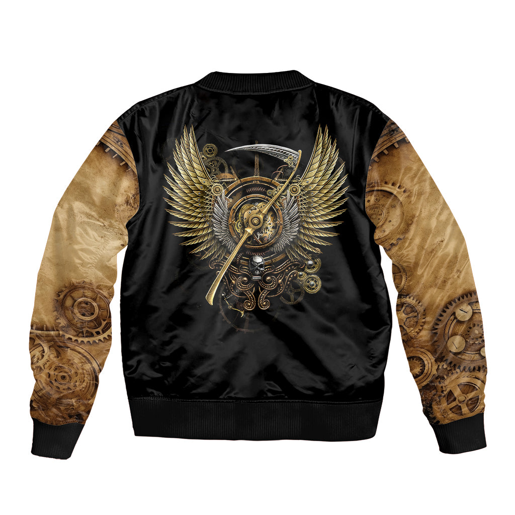Unisex black bomber jacket with gold winged steampunk skull graphic, back view, ribbed hem