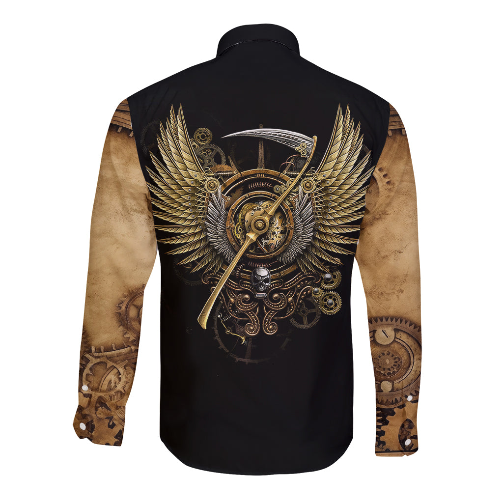 Black long-sleeve button shirt with gold winged skull graphic on back