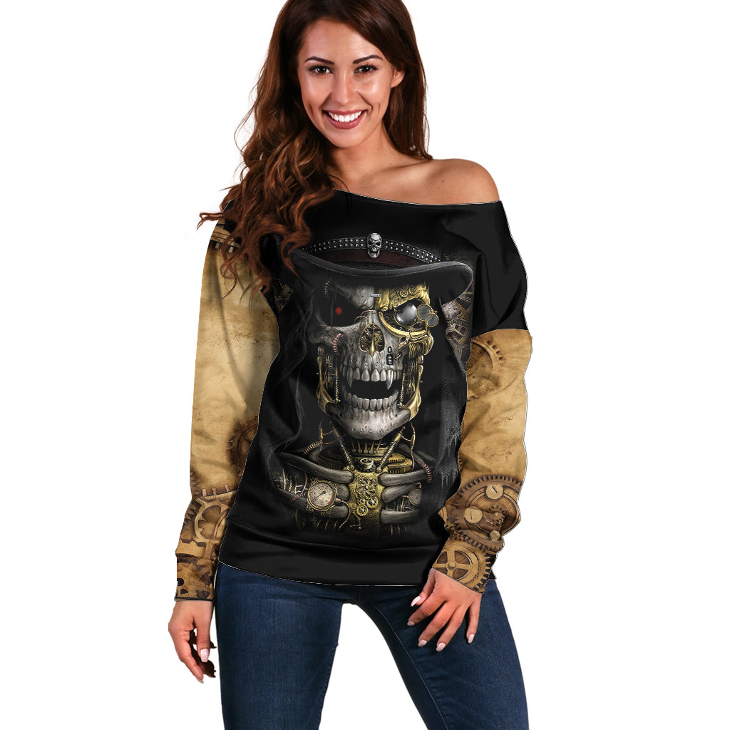 Skull Off Shoulder Sweater Golden Skull Steampunk - Wonder Print Shop