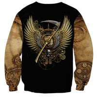 Black unisex sweatshirt with winged mechanical skull emblem graphic on back