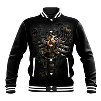 Black baseball jacket with steampunk skeleton skull graphic and ribbed striped trim