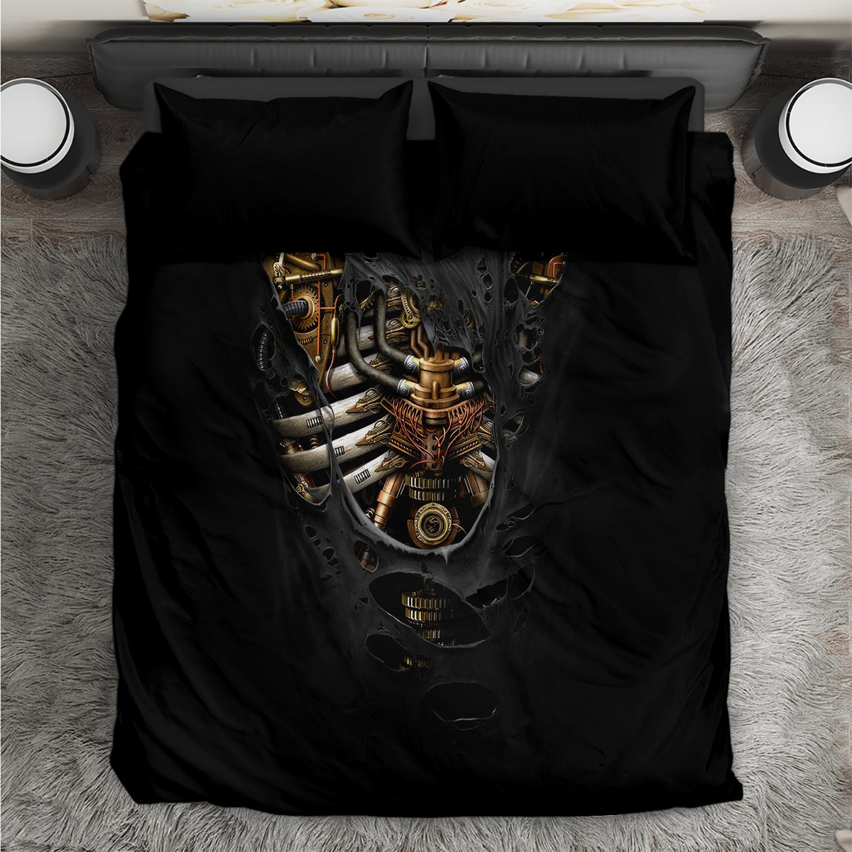 Black bedding set with steampunk skull-heart graphic on duvet and two matching pillowcases