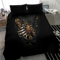 Black duvet with steampunk skull-heart center print and two matching pillowcases