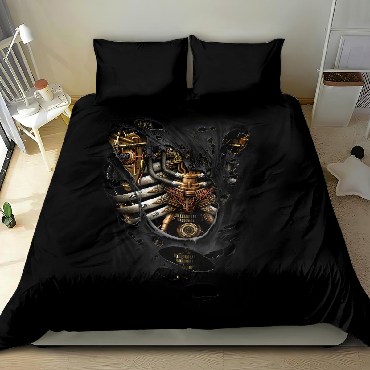 Black bedding set with steampunk skull-heart artwork on duvet and two matching pillows