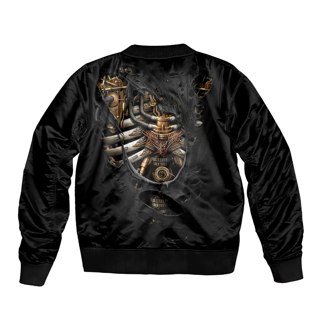 Black unisex bomber jacket back view with steampunk skeleton heart graphic