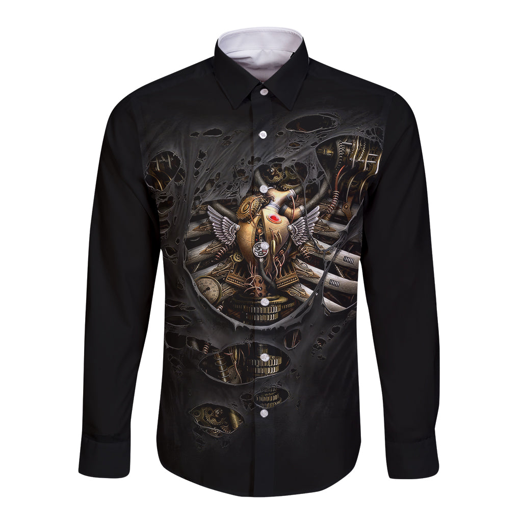 Skull Long Sleeve Button Shirt Skeleton Steampunk Heart Inside - Wonder Print Shop