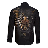 Black long-sleeve button shirt with steampunk skeleton heart back graphic