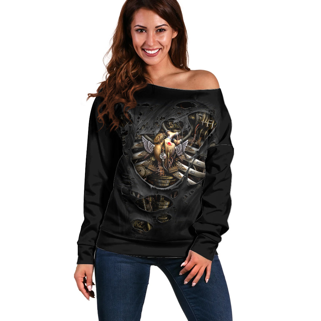 Skull Off Shoulder Sweater Skeleton Steampunk Heart Inside - Wonder Print Shop