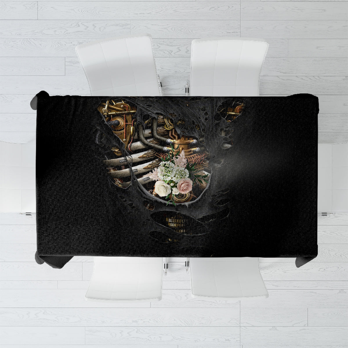 Black skull-themed tablecloth with steampunk heart design, rectangular drape