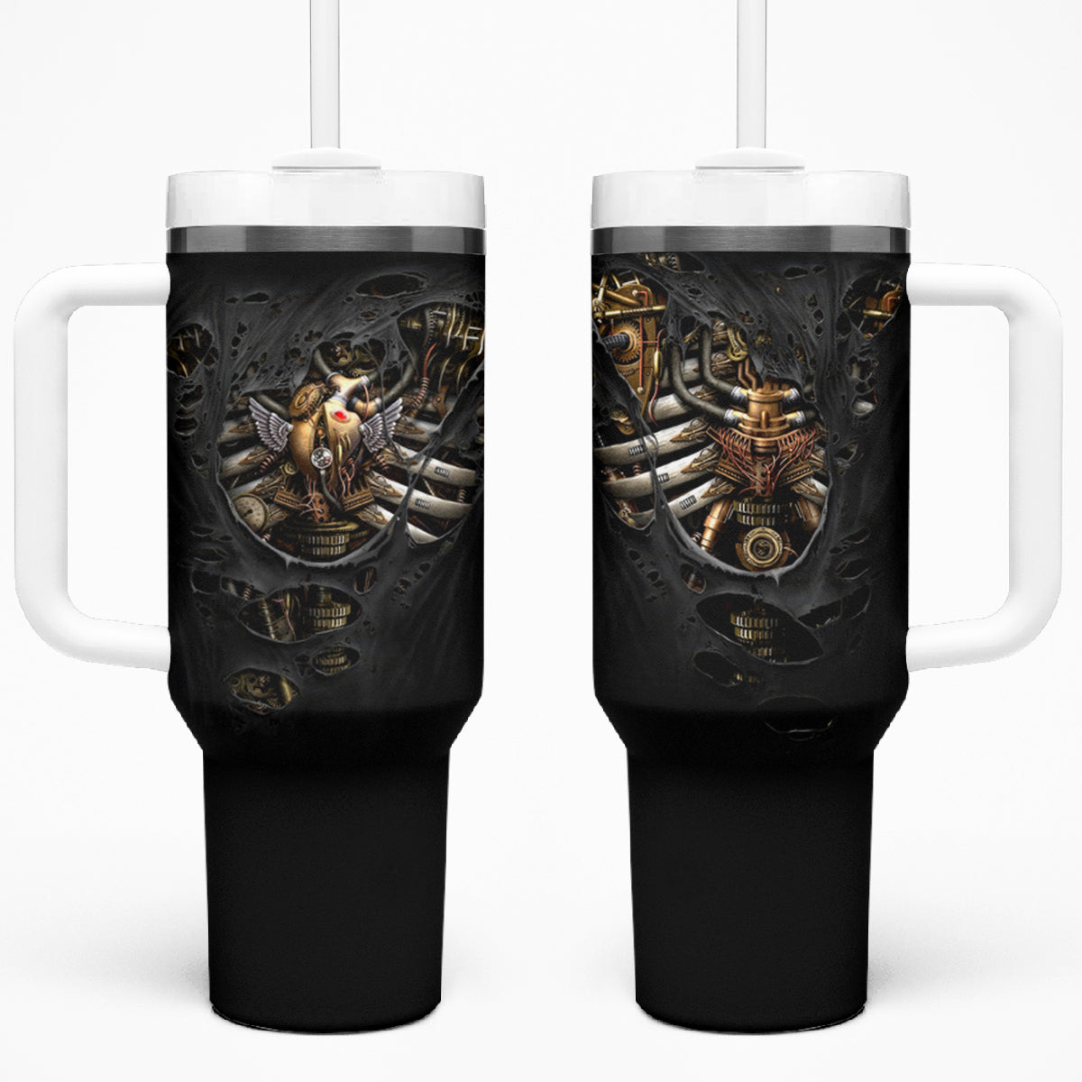 Skull Tumbler With Handle Skeleton Steampunk Heart Inside