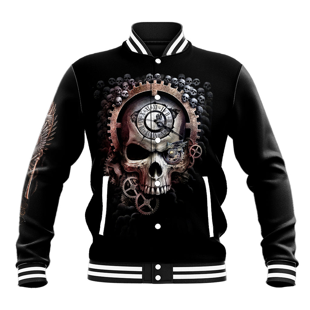 Black baseball jacket with striped ribbed collar and front skull gear graphic.