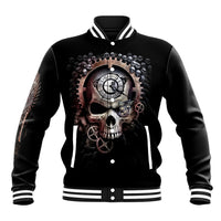 Black baseball jacket with striped ribbed collar and front skull gear graphic.