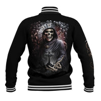 Black baseball jacket with striped ribbed collar and back skull graphic with reaper.