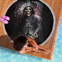 Black skull-and-grim-reaper beach blanket with white fringe edge, 150cm round