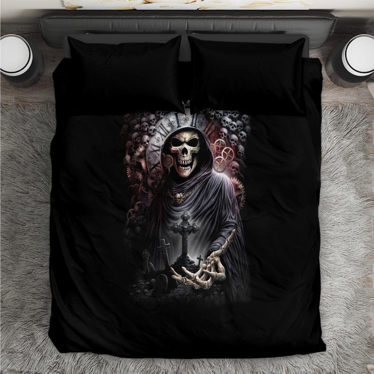 Black skull and reaper graphic bedding set with matching pillowcases, dark artwork center