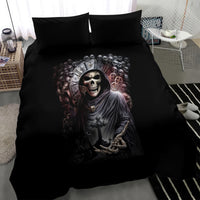 Black bedding set with large reaper skull portrait graphic on duvet and pillowcases