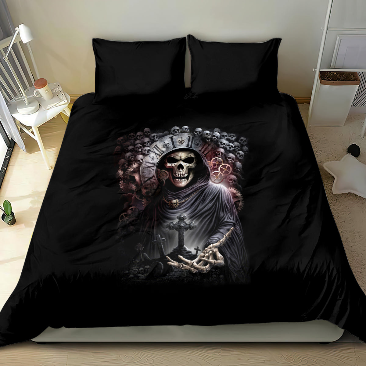 Black skull and reaper duvet cover with two pillowcases, centered gothic figure artwork