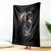 Black skull grim reaper graphic blanket, skull in crown with candles and skeletal hands