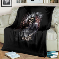 Black skull grim reaper blanket spread over couch, ornate crown and skeleton hands design